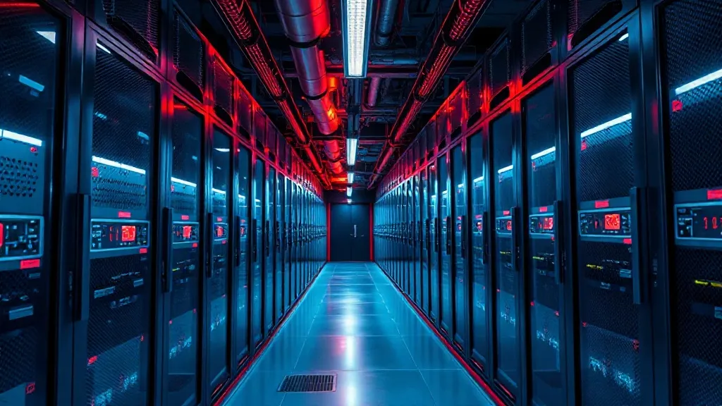 Clean industrial server room with blue and red accent lighti