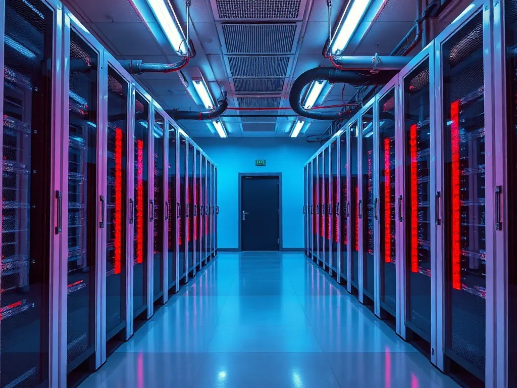 A high-tech industrial server room with clean lines, blue an