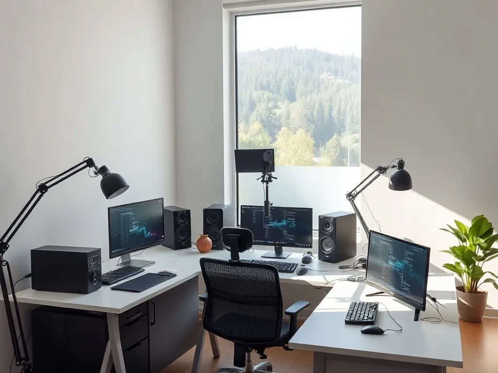 Modern workspace with tech equipment, minimalist interior, n